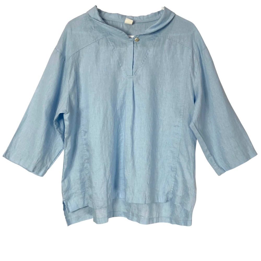 LINTICO 100% Linen Split Neck 3/4 Sleeve Tunic Blouse Light Blue XL